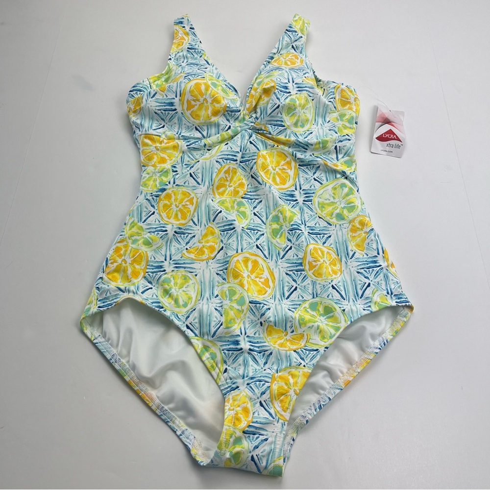 LANDS' END Tummy Control Yellow Blue White Citrus One-Piece 8 D Swimsuit NEW